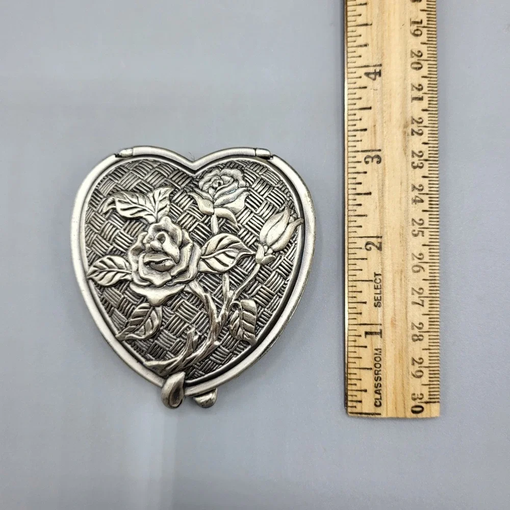 Vintage Compact Mirror Womens Heart Rose Embossed Basketweave Silver Tone